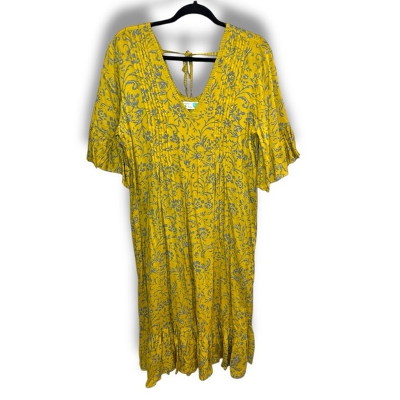 Summertime Lightweight Soft & Flowy Yellow and Gray Floral Rayon Midi Dress - Picture 1 of 6